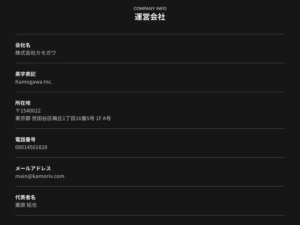 Card Shop ALPHAの運営会社のページ。会社名、所在地、電話番号、代表者名が並ぶ